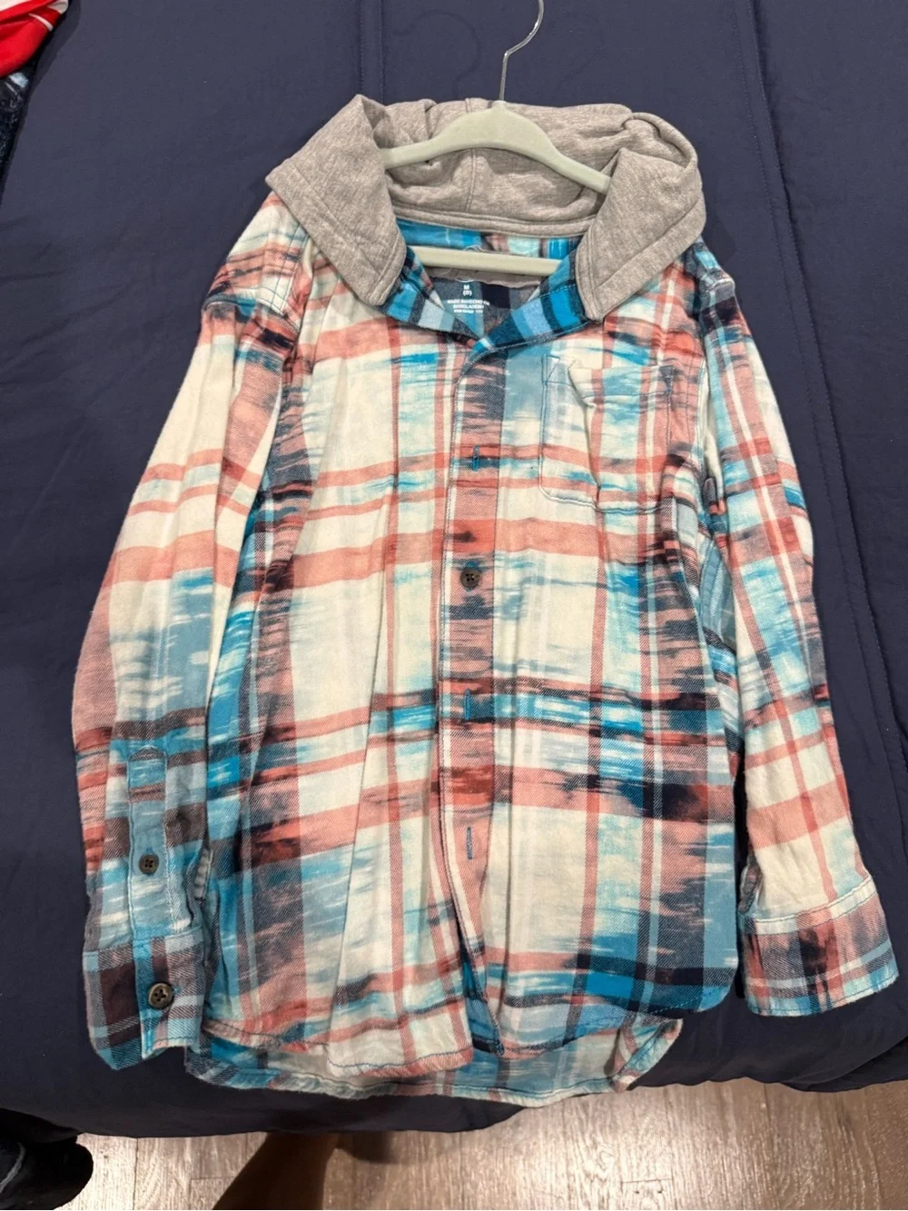 Graphic Plaid Hooded Shirt Jacket - Neon Green Smiley Patch